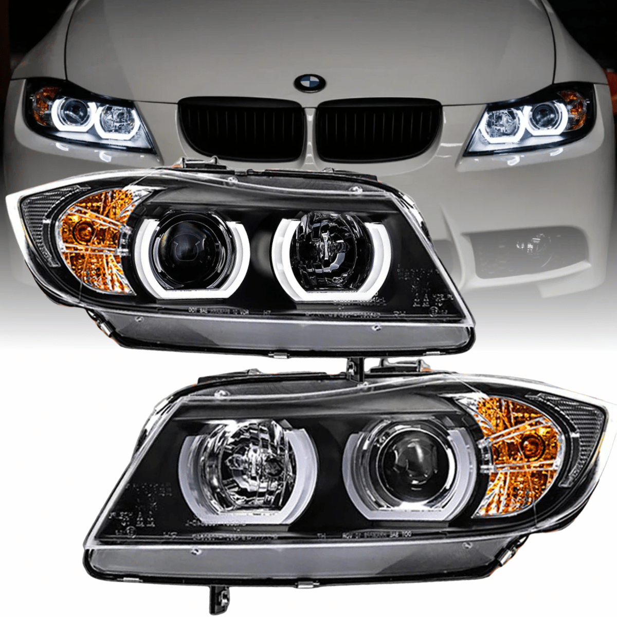 3D LED Angel Eyes Scheinwerfer Set Schwarz für BMW 3er E90 E91 2005–2008