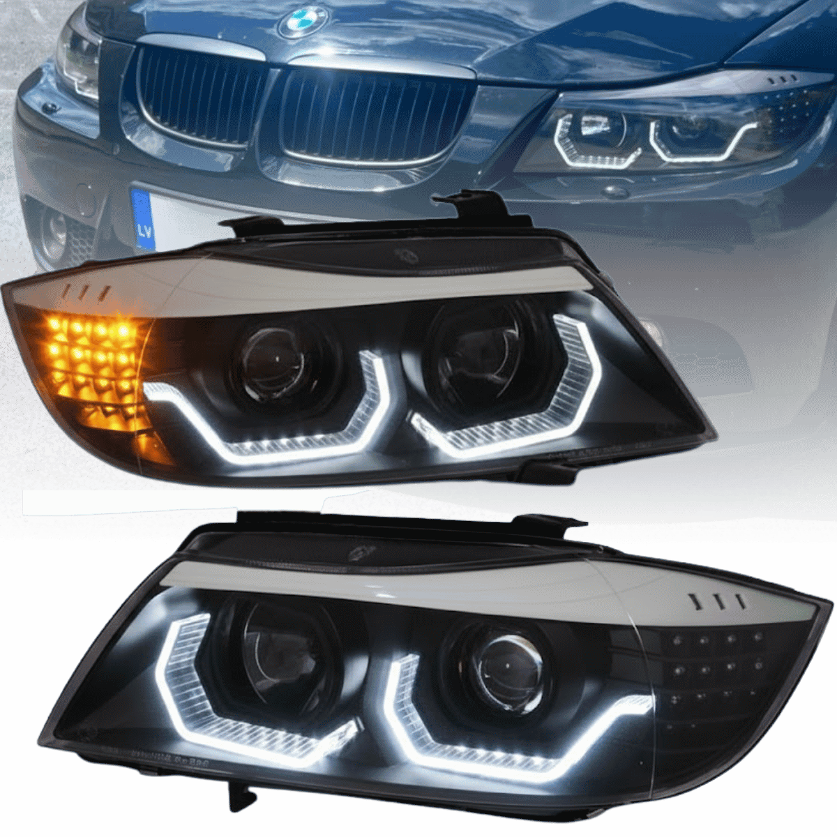 Scheinwerfer Set Schwarz mit 3D Angel Eyes LED und gelben Blinkern für BMW 3er E90 E91