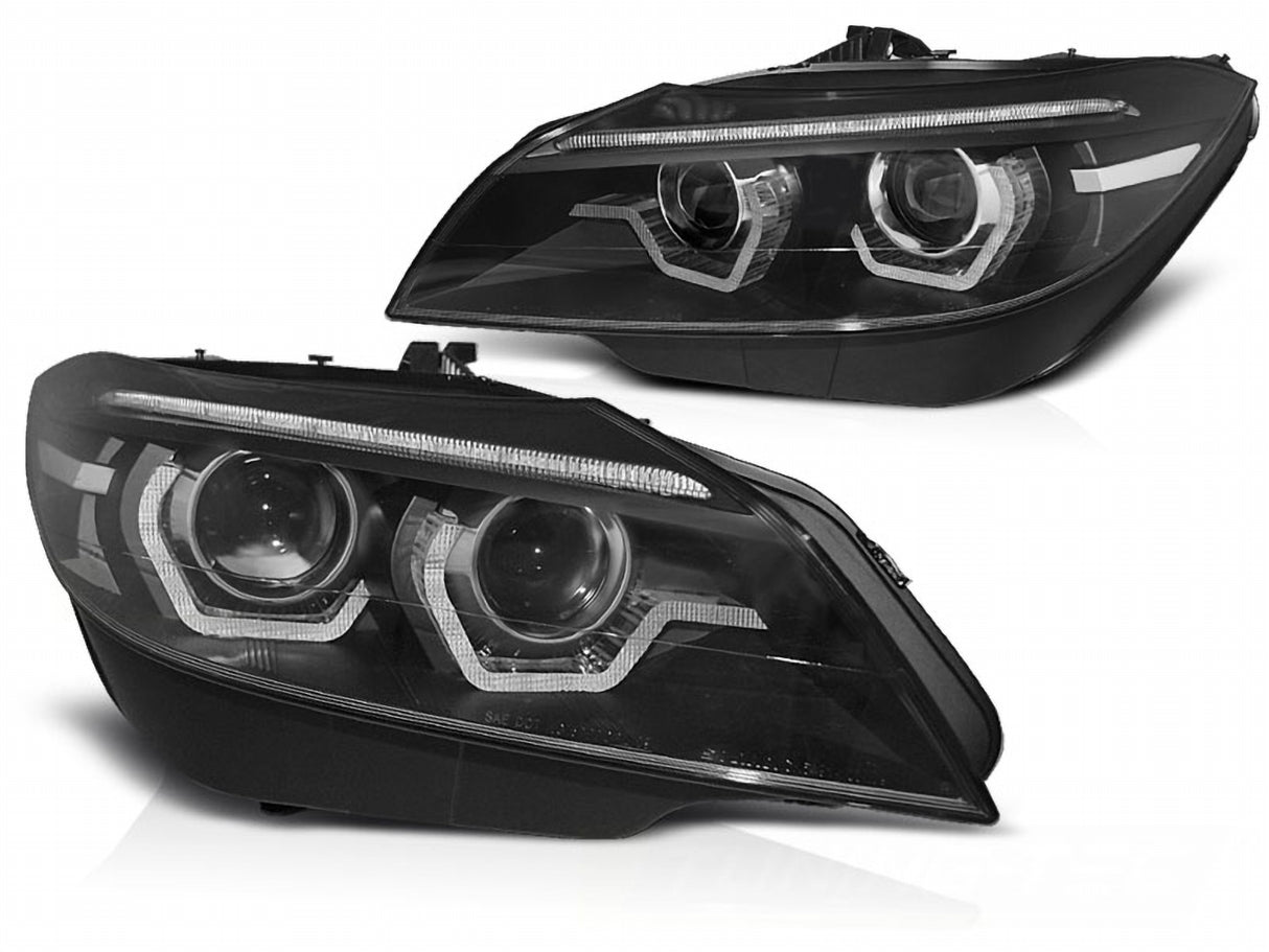 Schwarze LED Scheinwerfer für BMW E90 E91 mit Tagfahrlicht und Angel Eyes, Tuning Scheinwerfer