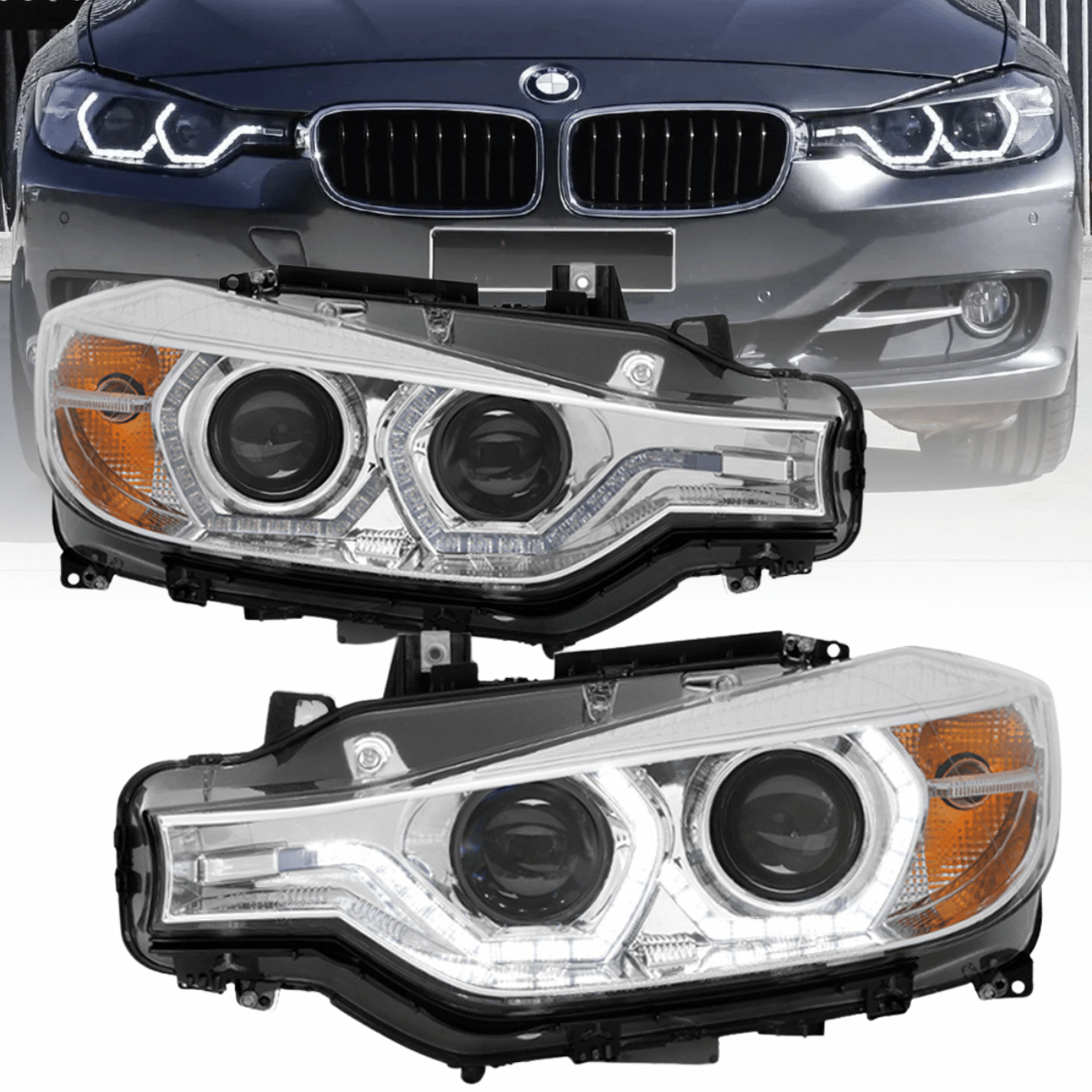 Scheinwerfer Set mit LED Tagfahrlicht Chrom für BMW 3er F30 F31 Angel Eyes Xenon