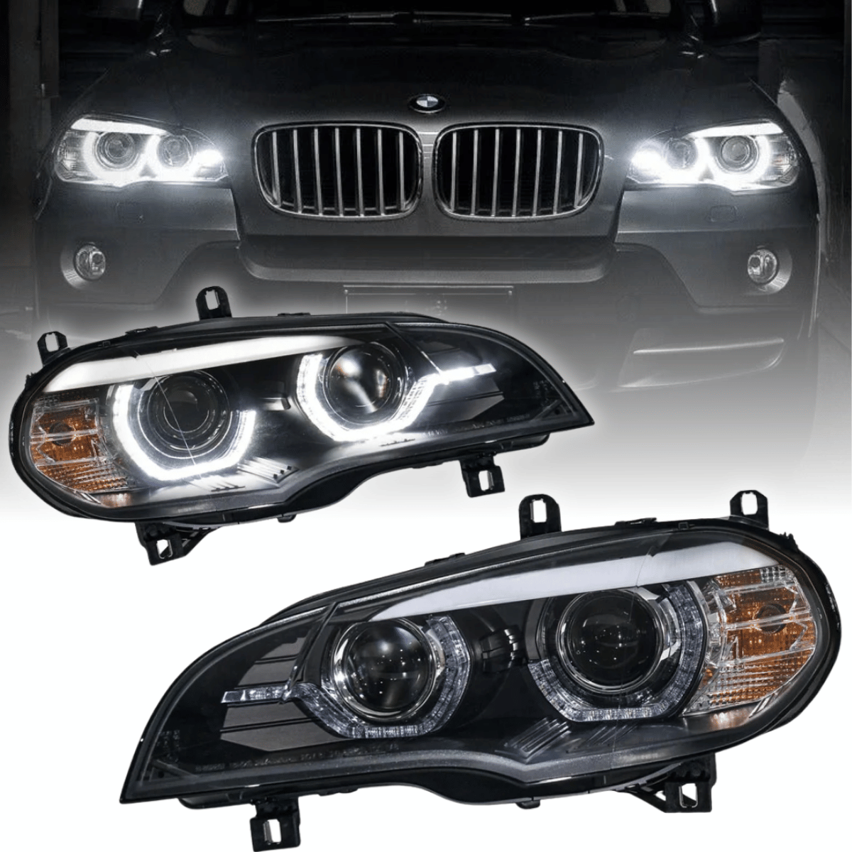 Angel Eyes LED Scheinwerfer Set Schwarz für BMW X5 E70 2007–2013 ohne AFS