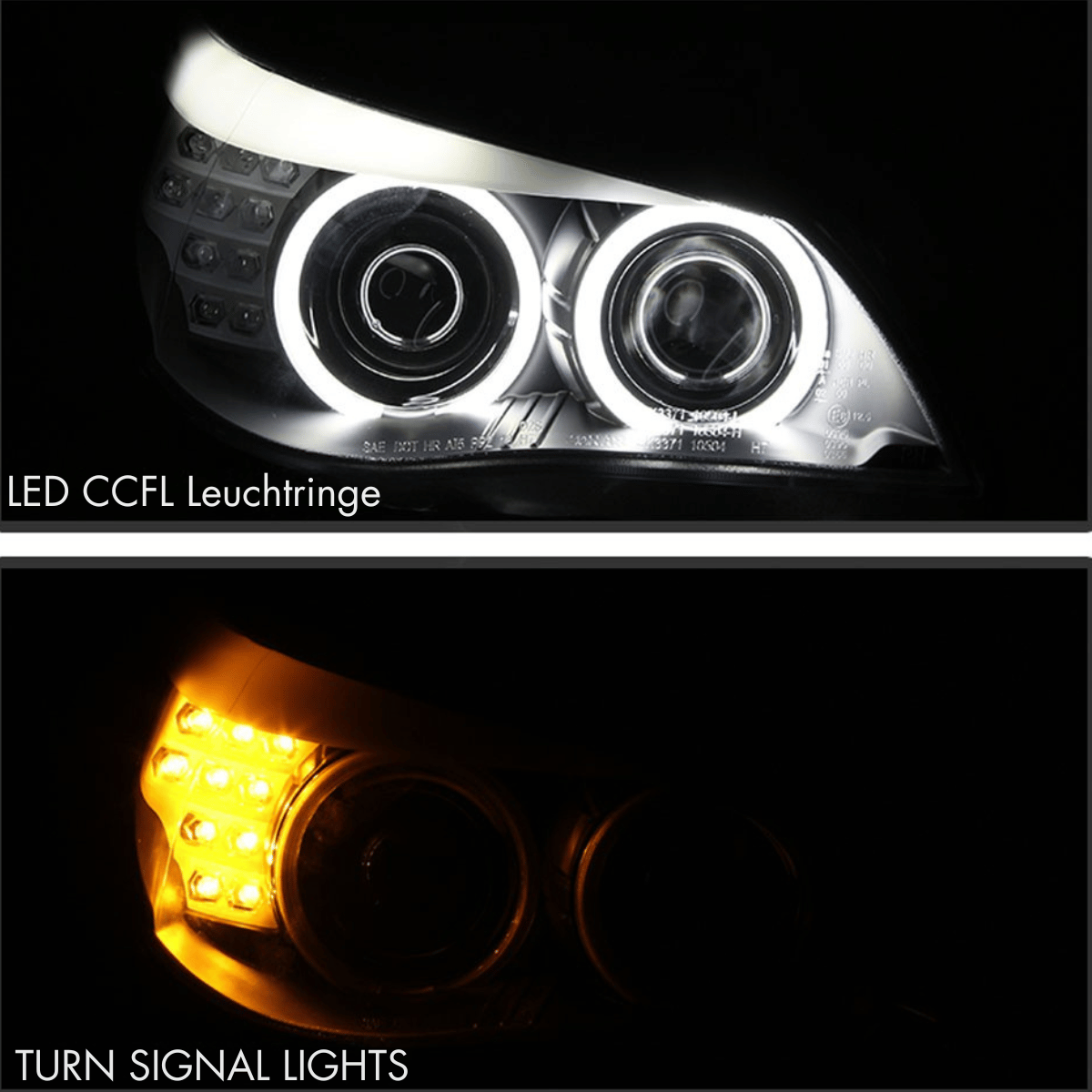 Angel Eyes Xenon Scheinwerfer Set Schwarz für BMW 5er E60 E61 Baujahr 2005–2007 mit LED Blinkern