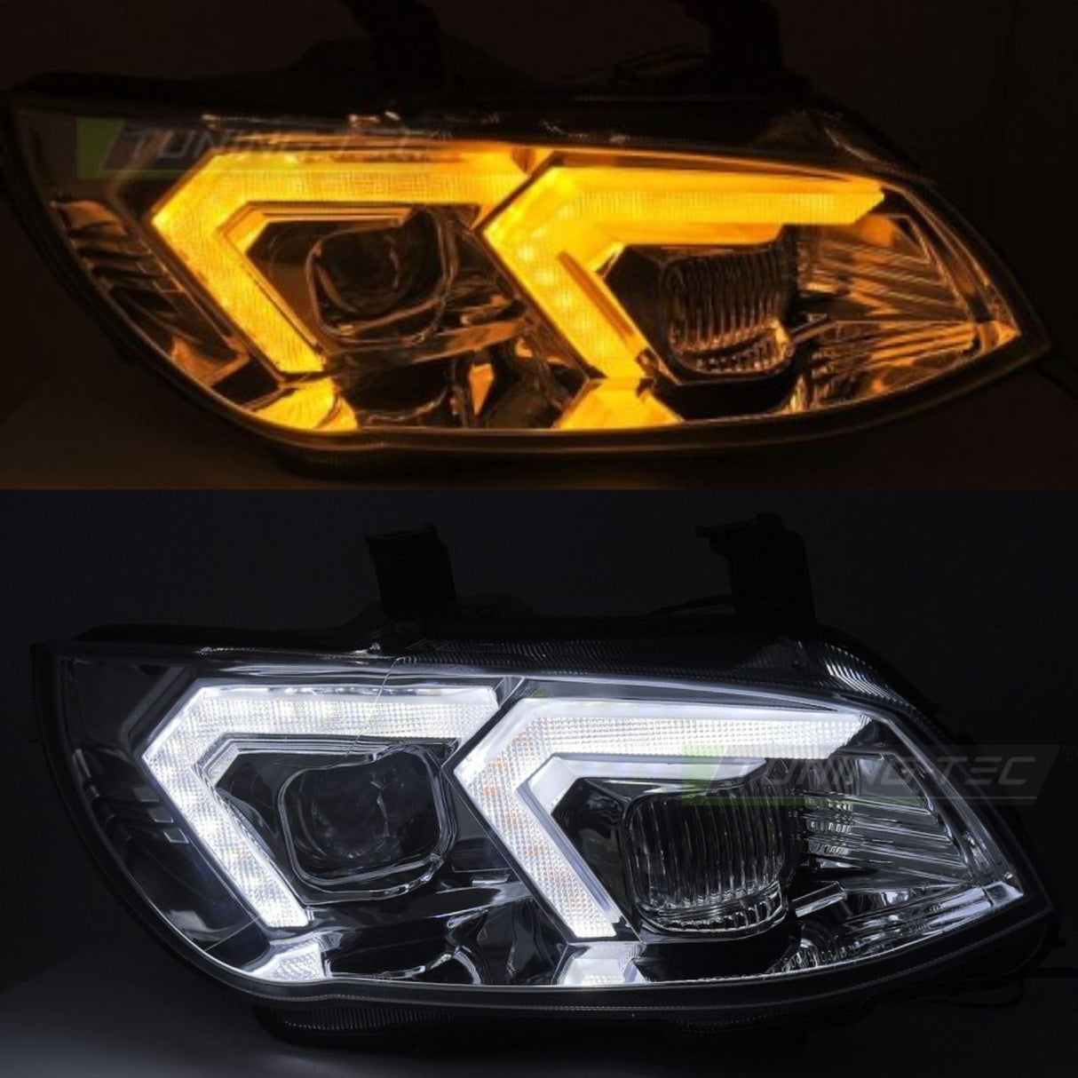 LED Scheinwerfer mit Tagfahrlicht-Optik für BMW 3er E92 E93 LCI Facelift, gelb und weiß leuchtend