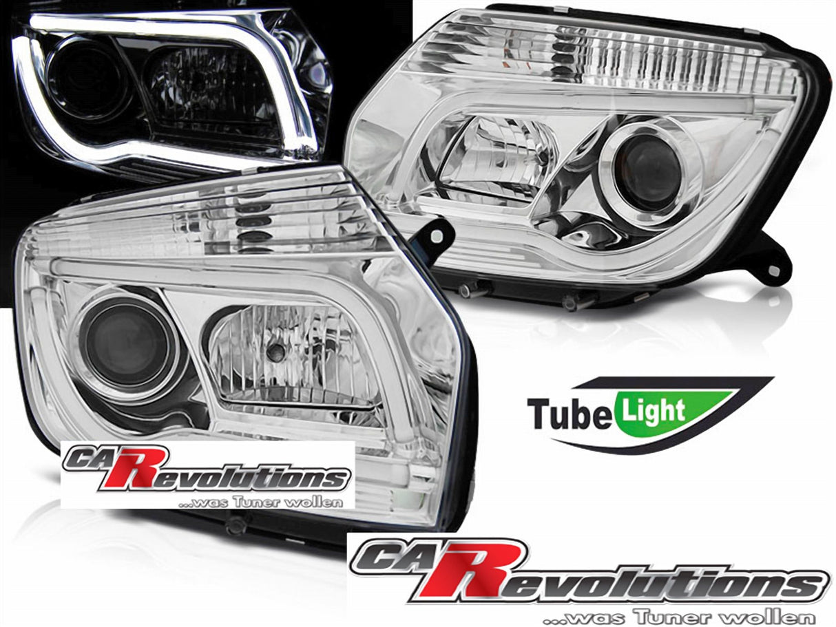 Chrom LED Light Tube Scheinwerfer für Dacia Duster 2010-2014, Tuning Scheinwerfer