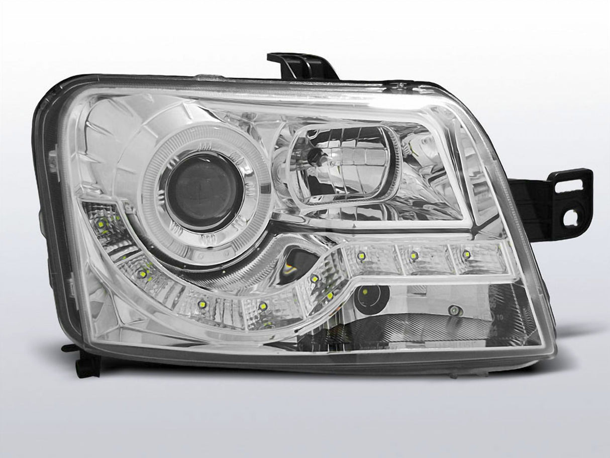 Chrom LED Scheinwerfer für Fiat Panda 03-2012 mit Tagfahrlicht-Optik und Ring-Standlicht