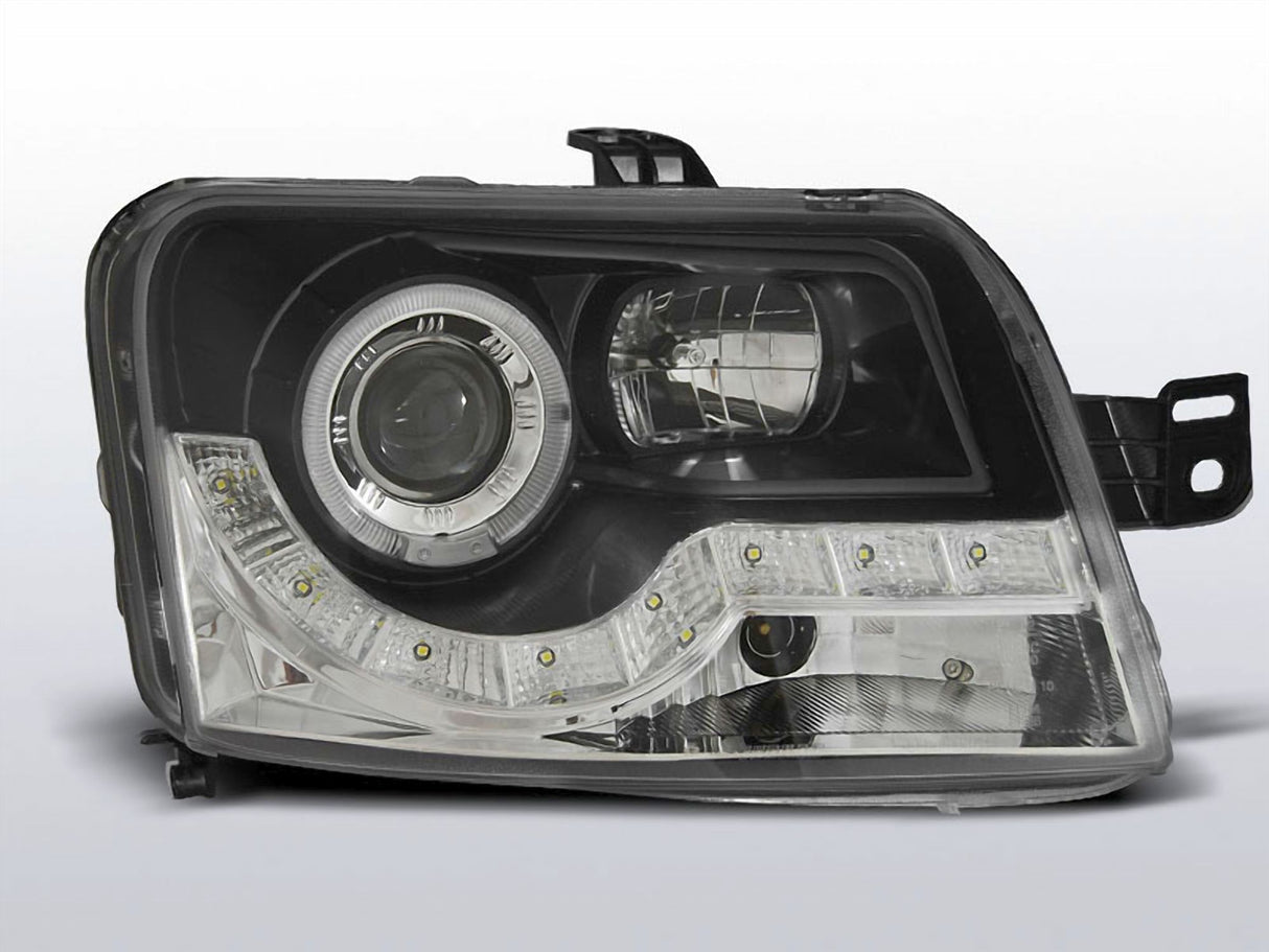 Schwarze LED Scheinwerfer mit Ring für Suzuki Swift 2005-2010, Tuning Scheinwerfer mit Tagfahrlicht-Optik