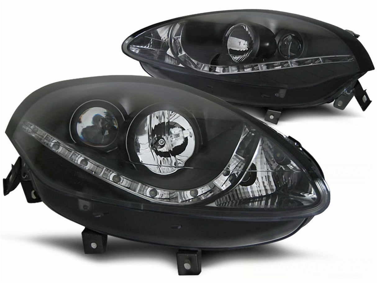 Schwarze LED Scheinwerfer für Fiat Grande Punto mit Tagfahrlicht-Optik, Tuning Scheinwerfer