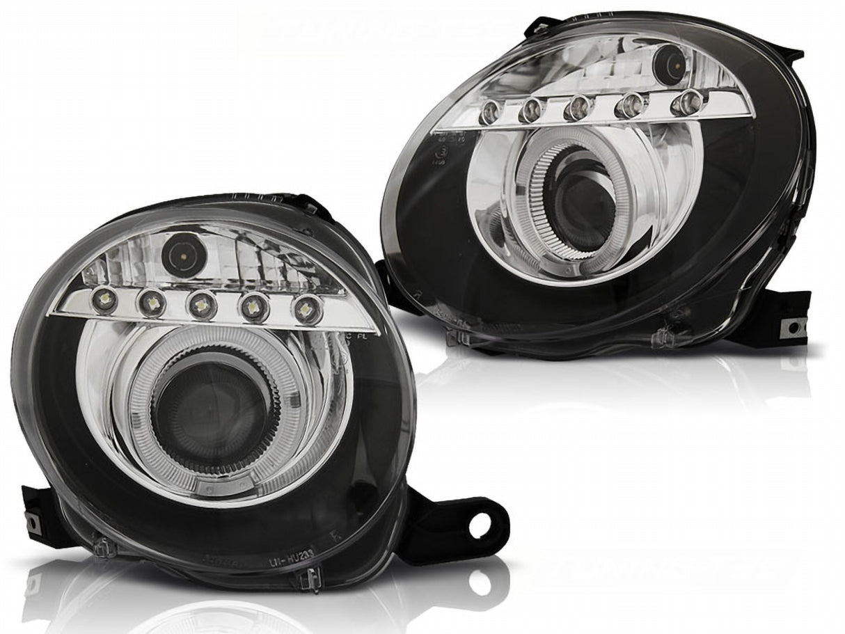 Schwarze LED Scheinwerfer mit Tagfahrlicht für Fiat 500, Tuning Scheinwerfer mit Ringlicht