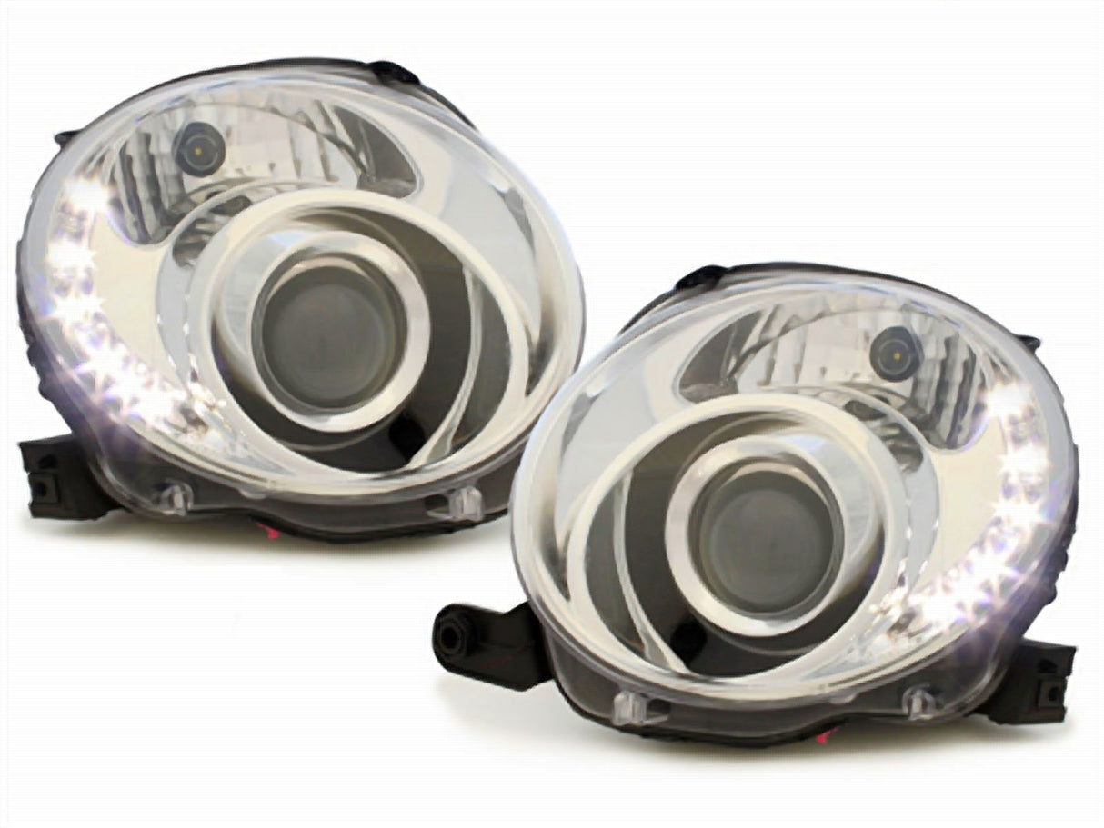 Chrom LED Scheinwerfer Set für Fiat 500 2007-2015, mit Tagfahrlicht-Optik