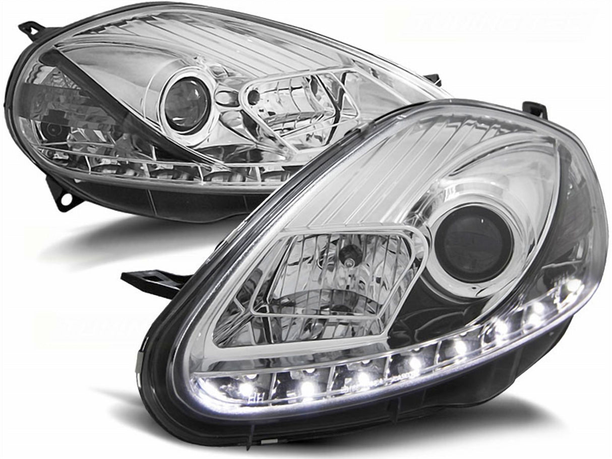 Chrom LED Scheinwerfer Set für Fiat Grande Punto Facelift 08-09 mit Tagfahrlichtstreifen
