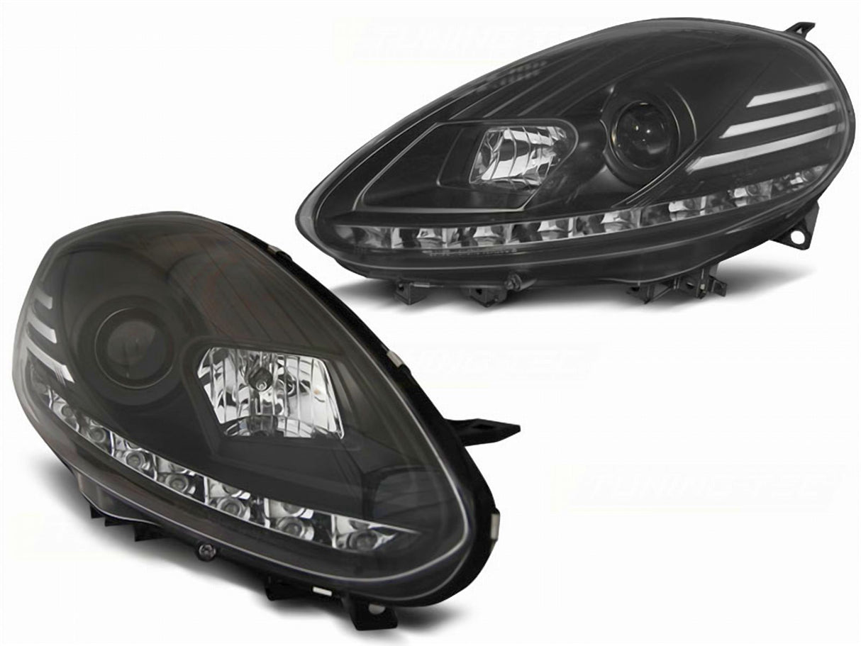 Schwarze LED Scheinwerfer für Fiat Grande Punto mit Tagfahrlicht-Optik, Tuning Scheinwerfer