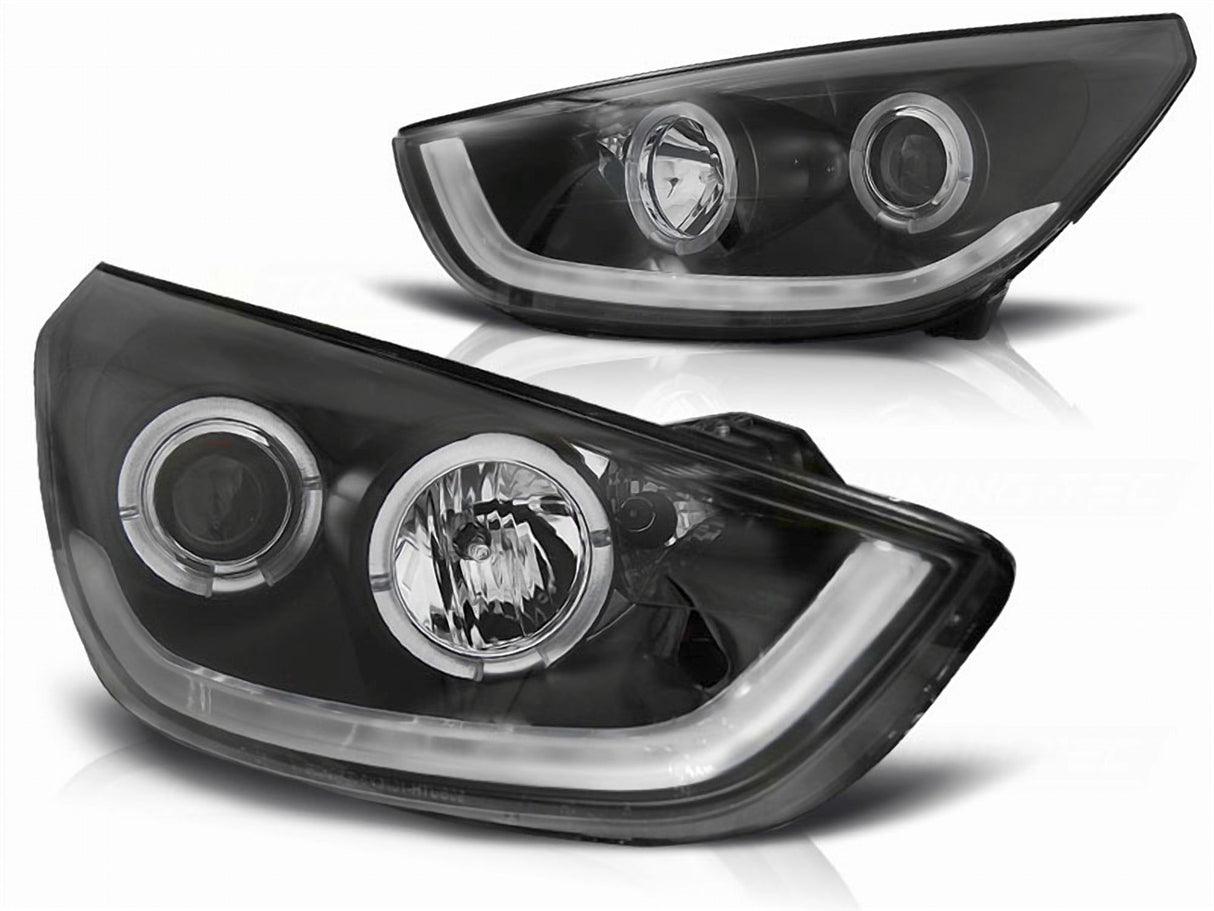 Schwarze LED Scheinwerfer für Hyundai i30 2012-2016 mit Tagfahrlicht-Streifen und Ringlicht