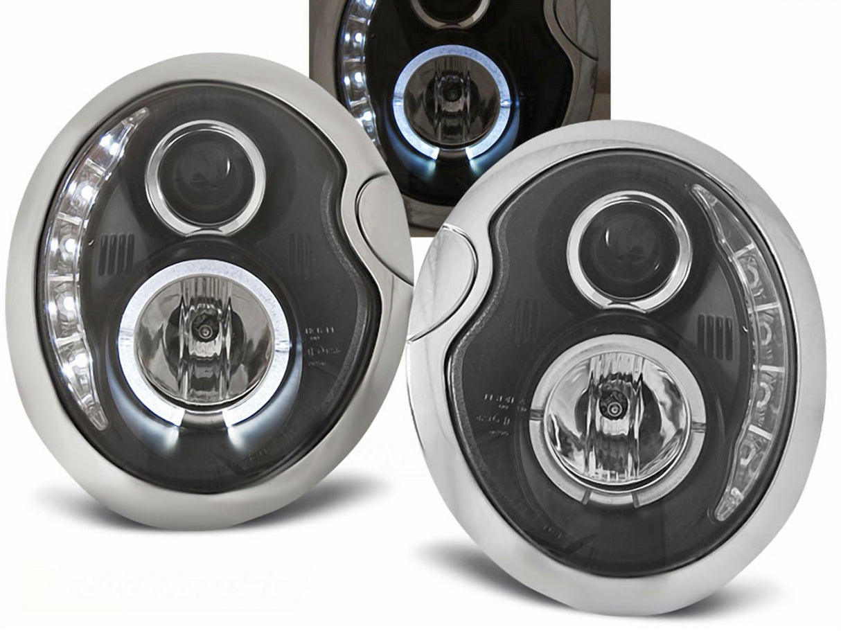 LED Scheinwerfer Set schwarz für BMW Mini Cooper 2001-2006 mit Ringlicht und Blinker