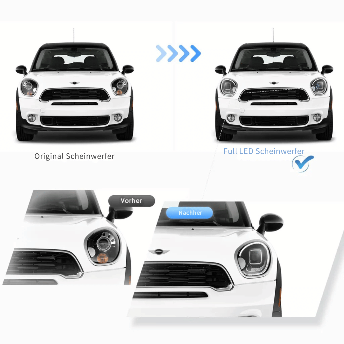 LED Scheinwerfer Upgrade: Vorher-Nachher-Vergleich der Frontscheinwerfer. KFZ Tuning für MINI Countryman