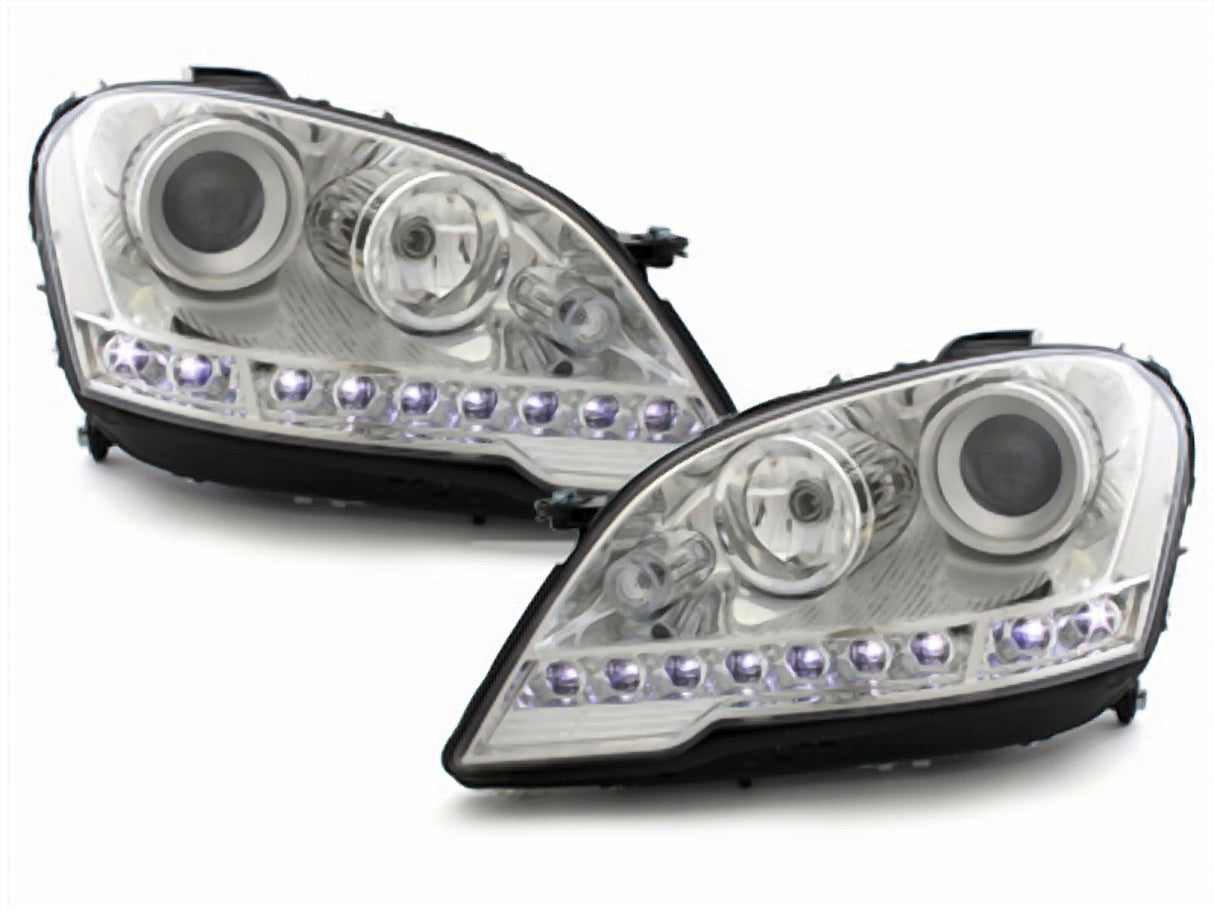 Chrom LED Scheinwerfer Set für Mercedes W164 M Klasse ab 2008, mit Tagfahrlicht-Optik