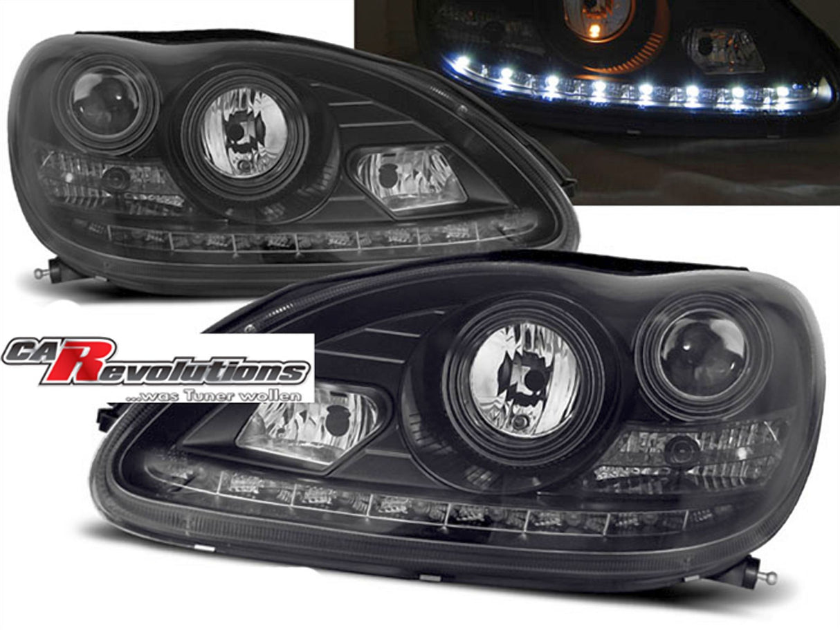 Schwarze LED Scheinwerfer für Mercedes W220 S-Klasse 1998-2005, mit Tagfahrlicht-Optik