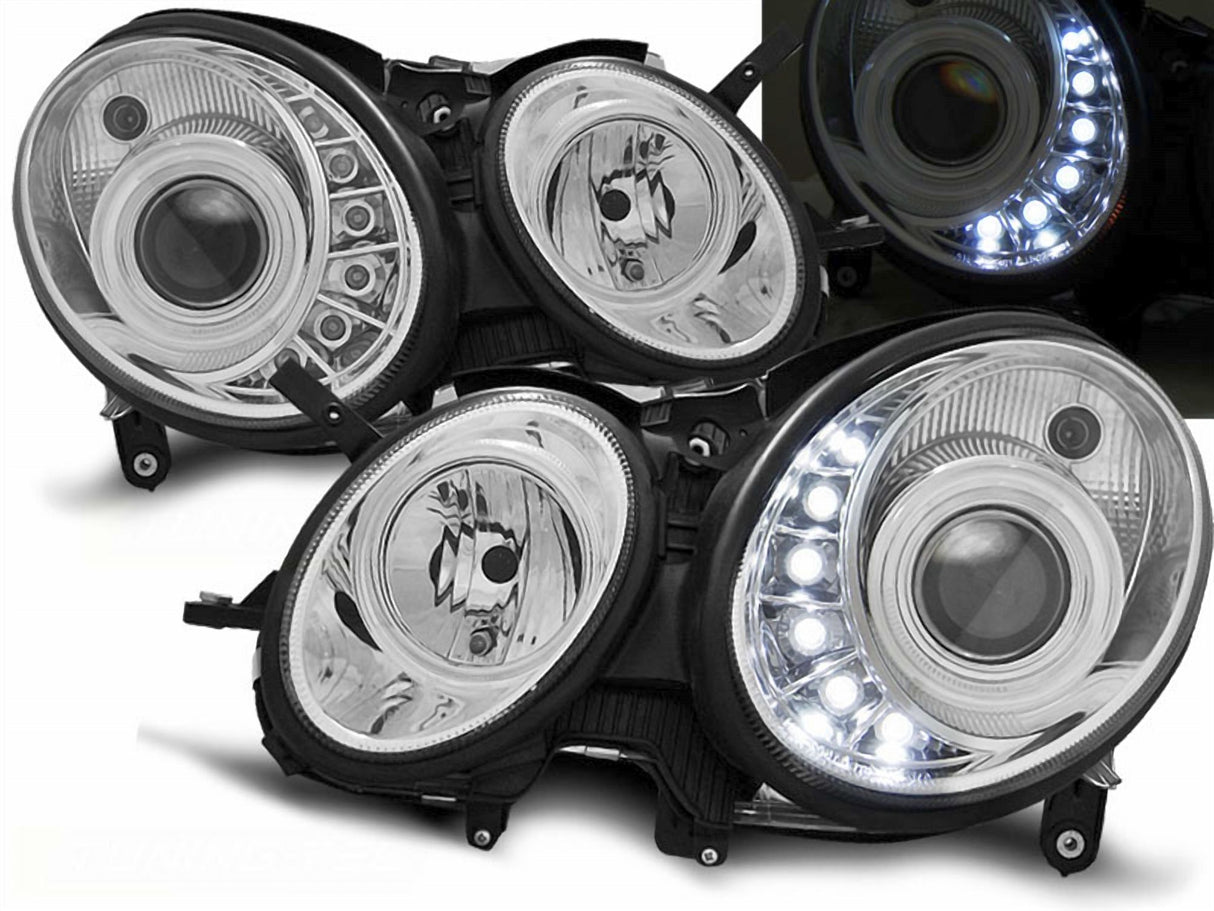 LED Scheinwerfer chrom Mercedes W211 E-Klasse 2002-2006 mit LED-Standlicht und Klarglas