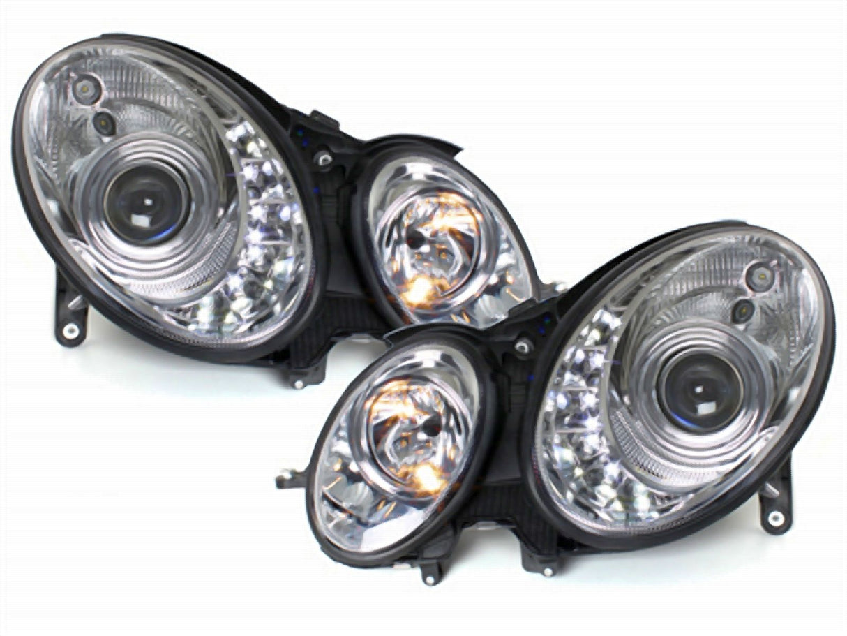 LED Scheinwerfer Set schwarz Mercedes W211 E-Klasse 2002-2006 mit Klarglas und LED-Standlicht