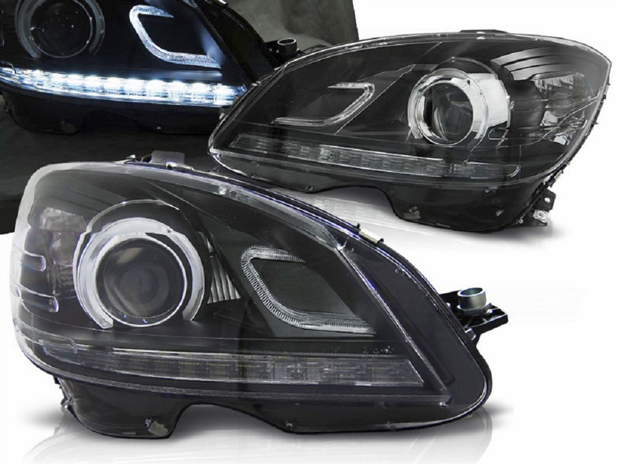 Schwarze LED Scheinwerfer Set für Mercedes W204 2007-2010 mit Tagfahrlicht-Optik