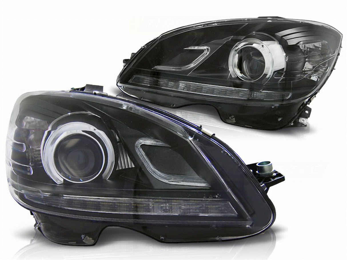 Schwarze LED-Scheinwerfer für Mercedes SLK R171 mit Tagfahrlicht und Standlichtringen