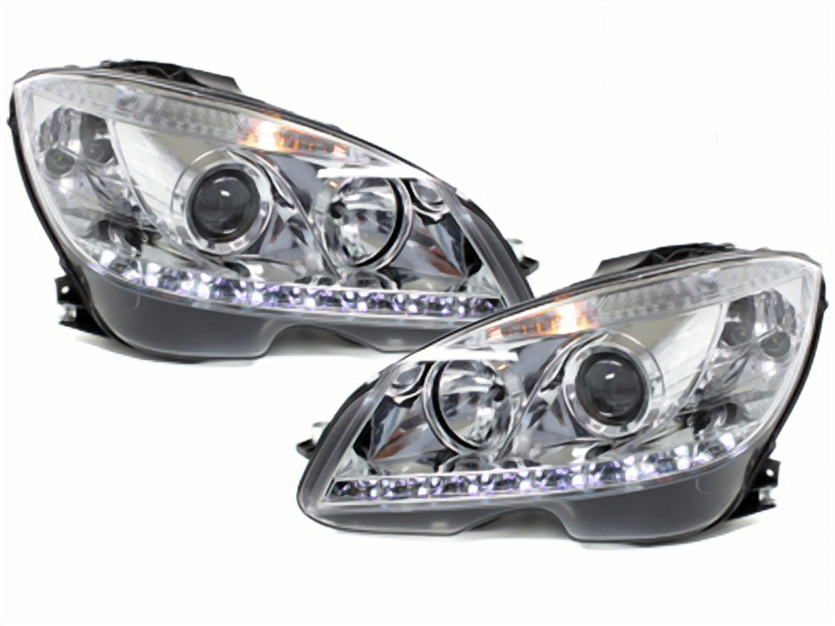 Chrom LED Scheinwerfer Set für Mercedes C-Klasse W204 2007-2010 mit Tagfahrlicht