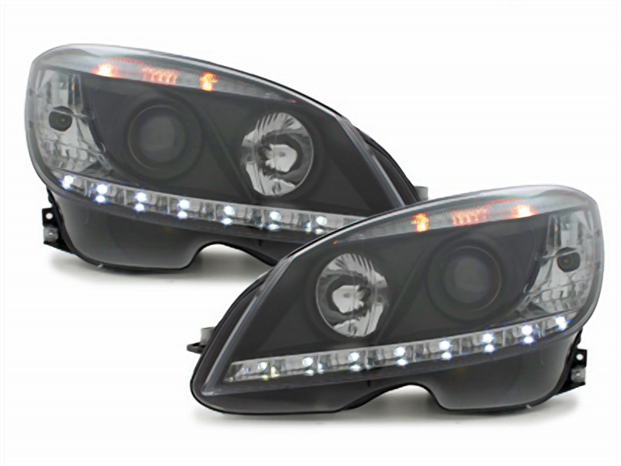 Schwarze LED Scheinwerfer für Mercedes C-Klasse W204 2007-2010 mit Tagfahrlicht-Optik