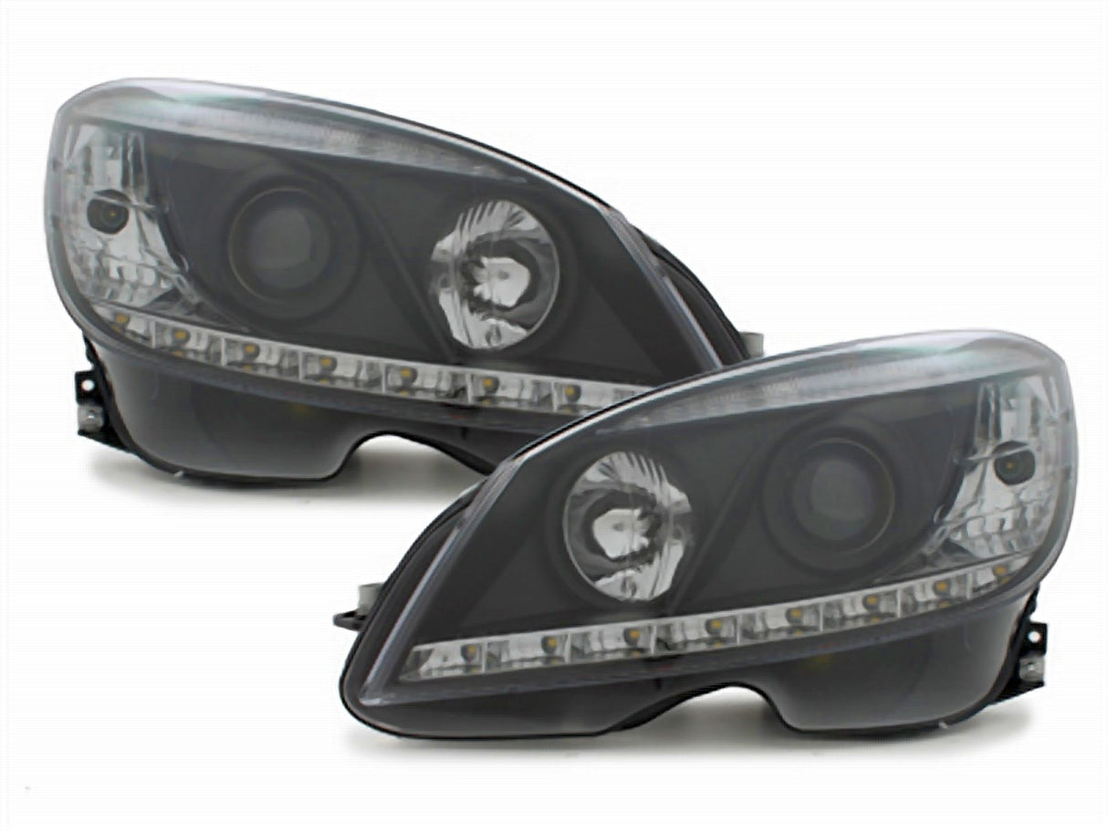 Schwarze LED Scheinwerfer Set für Mercedes C-Klasse W204 mit Tagfahrlicht-Optik, Tuning Scheinwerfer