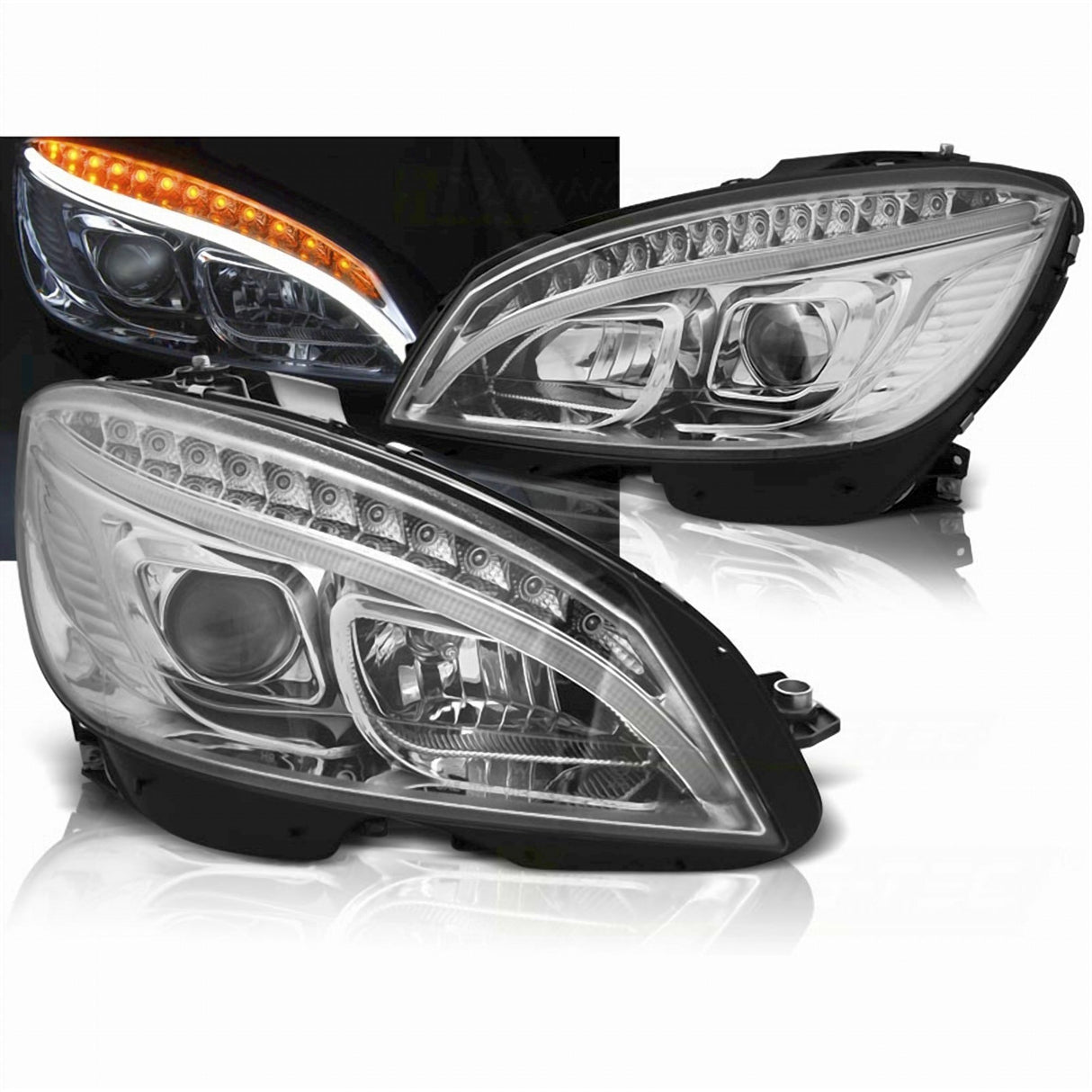 LED Light Tube Scheinwerfer chrom Mercedes W204 C Klasse 2007-2010 mit Tagfahrlicht-Optik