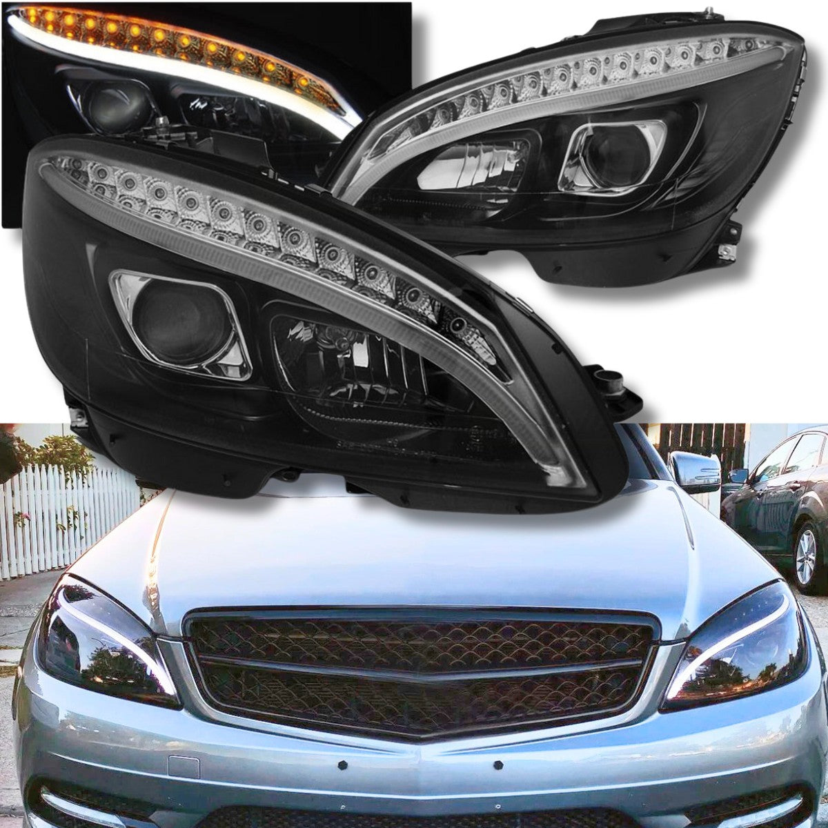 LED Light Tube Scheinwerfer in schwarz für Mercedes W204 C Klasse 2007-2010