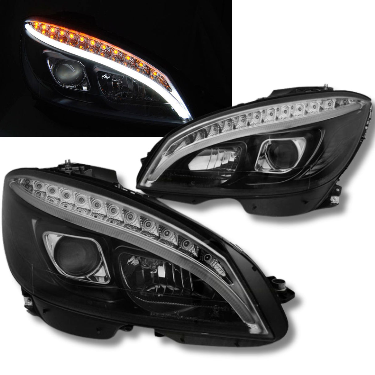 LED Light Tube Scheinwerfer in schwarz für Mercedes W204 C Klasse 2007-2010