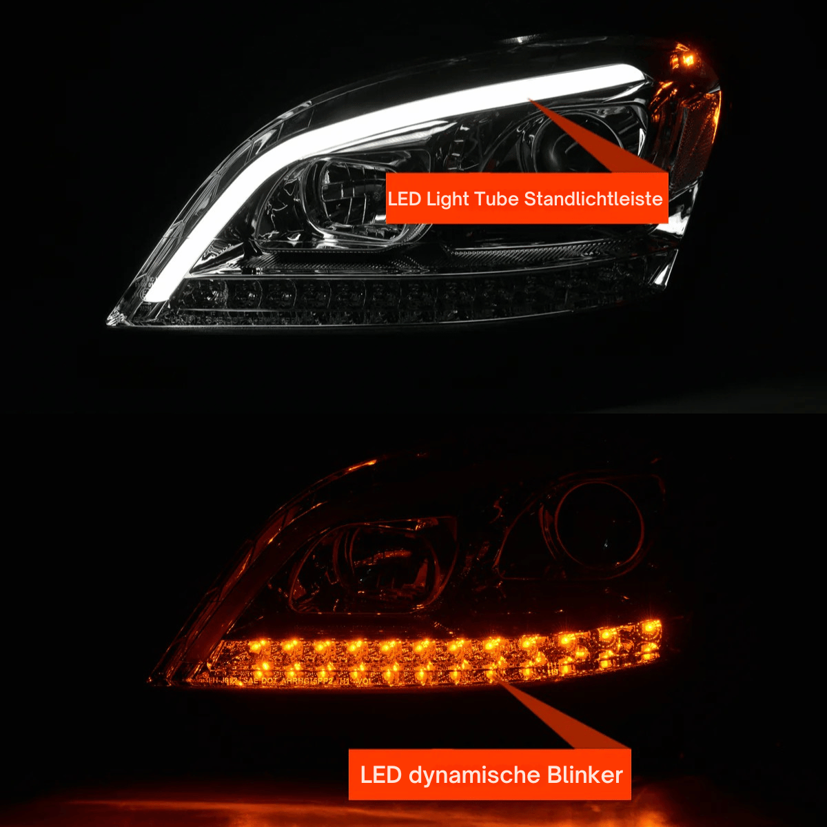 LED Light Tube Scheinwerfer Set Chrom für Mercedes W164 ML M-Klasse 2005–2007 mit Dynamischem Blinker