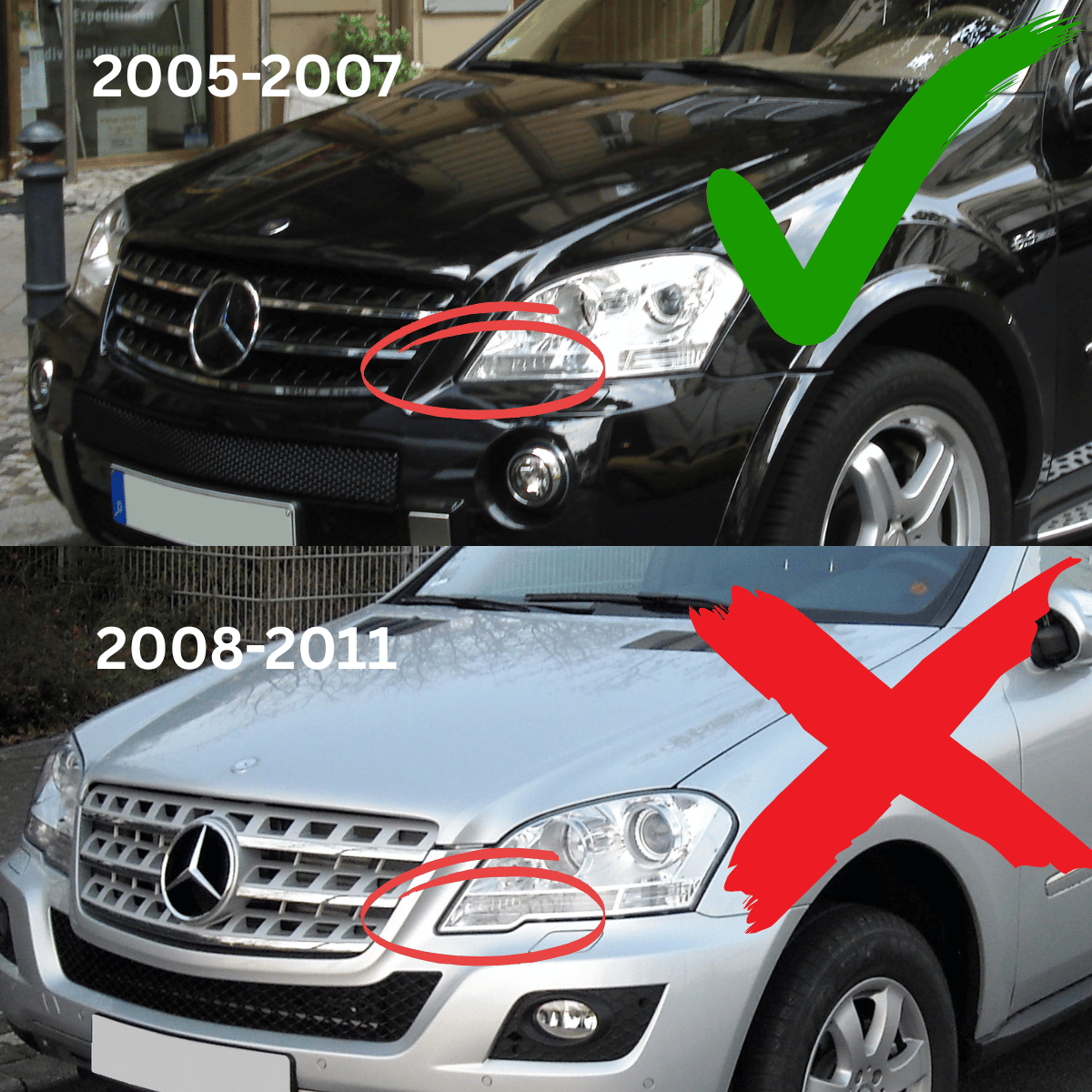 Scheinwerfer Vergleich 2005-2007 vs 2008-2011 LED Tagfahrlicht Tuning für Mercedes ML W164