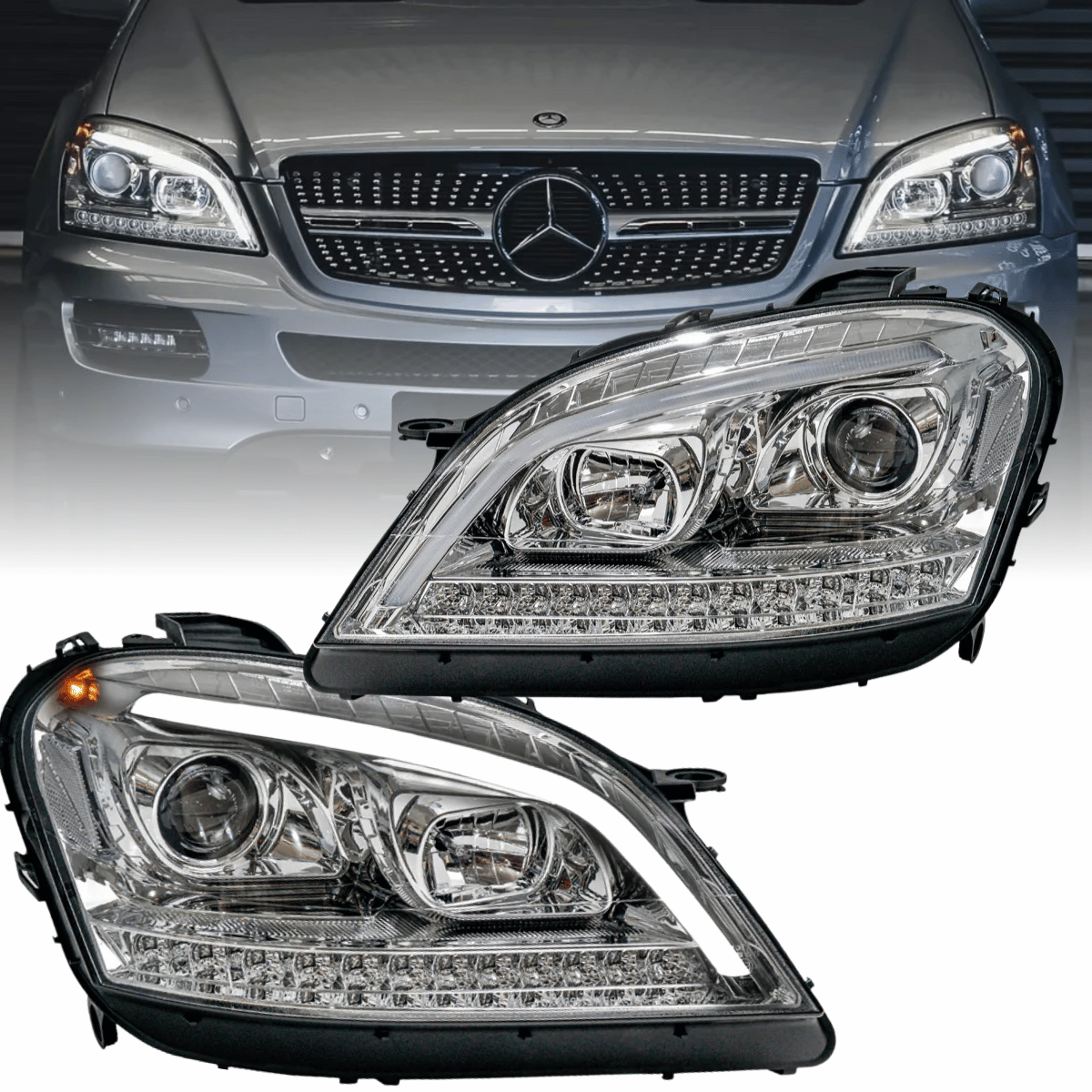 LED Light Tube Scheinwerfer Set Chrom für Mercedes W164 ML M-Klasse 2005–2007 mit Dynamischem Blinker