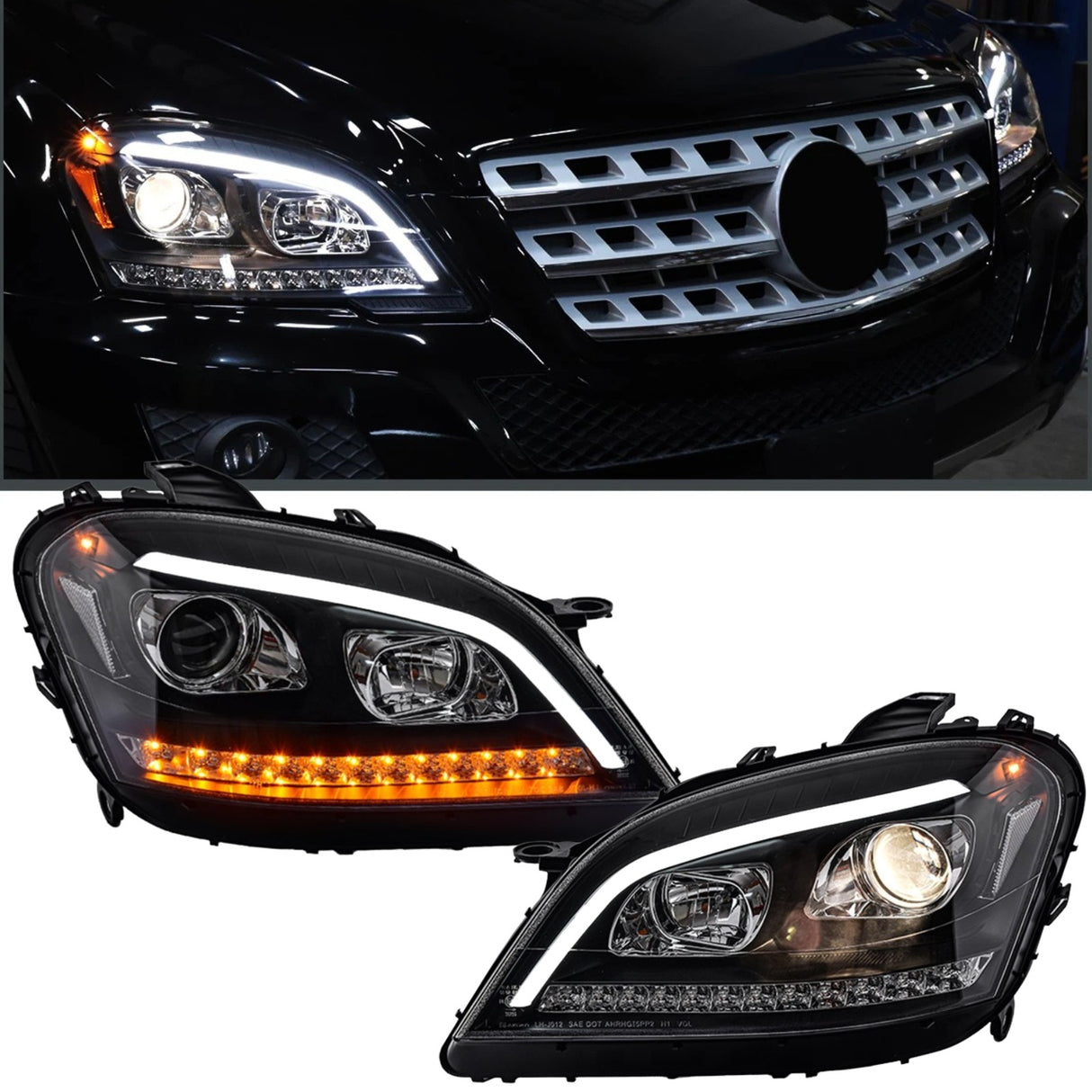 LED Scheinwerfer für Mercedes ML W164 mit Tagfahrlicht und Blinker, schwarz, Tuning