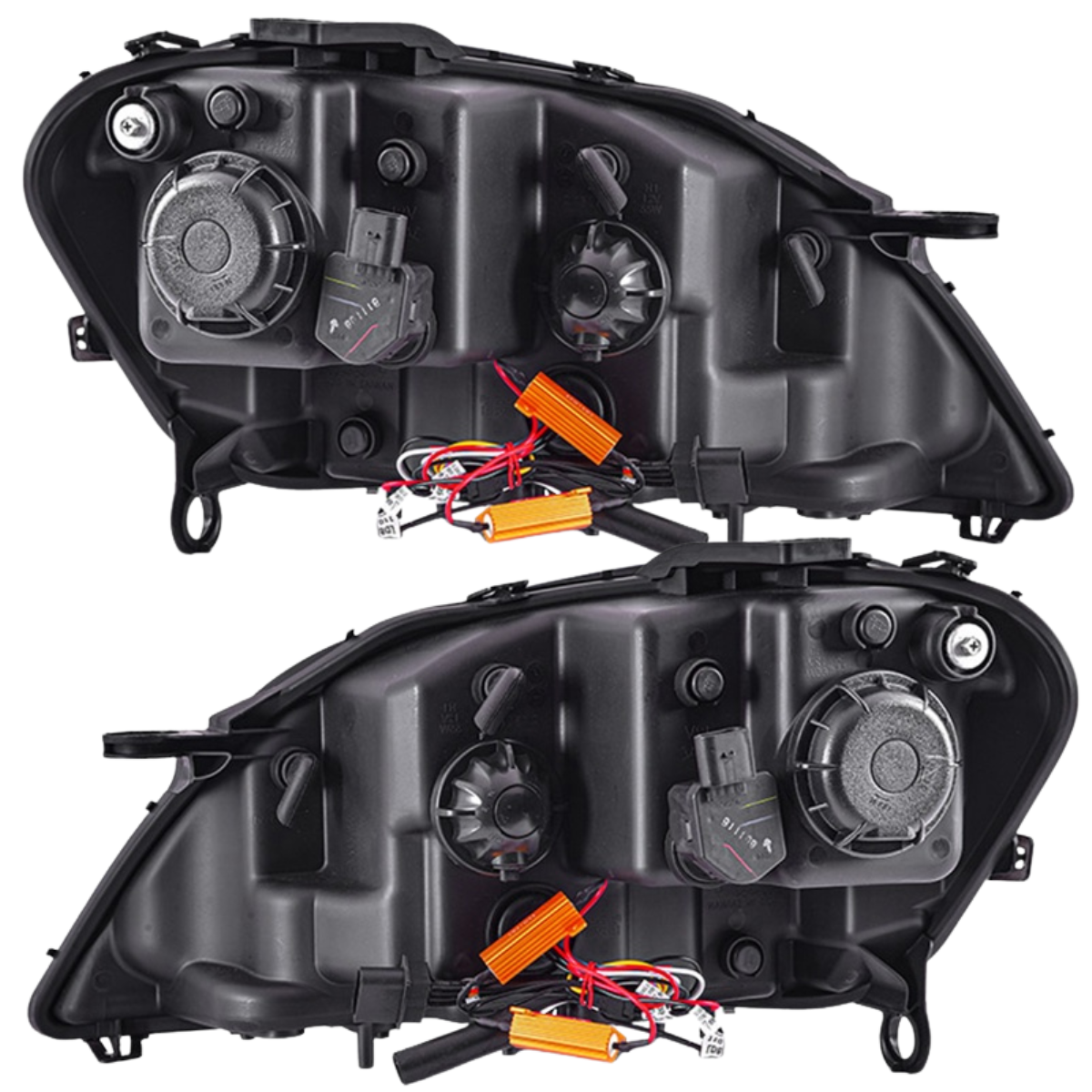 LED Scheinwerfer Set für Mercedes W164 ML mit integrierten Widerständen und Kabeln, Rückseite im Detail