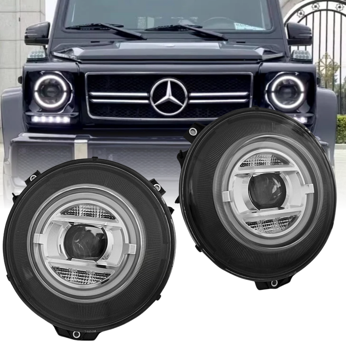 Xenon Scheinwerfer Set für Mercedes G-Klasse W463 2007–2017 Chrom mit LED Tagfahrlicht True DRL