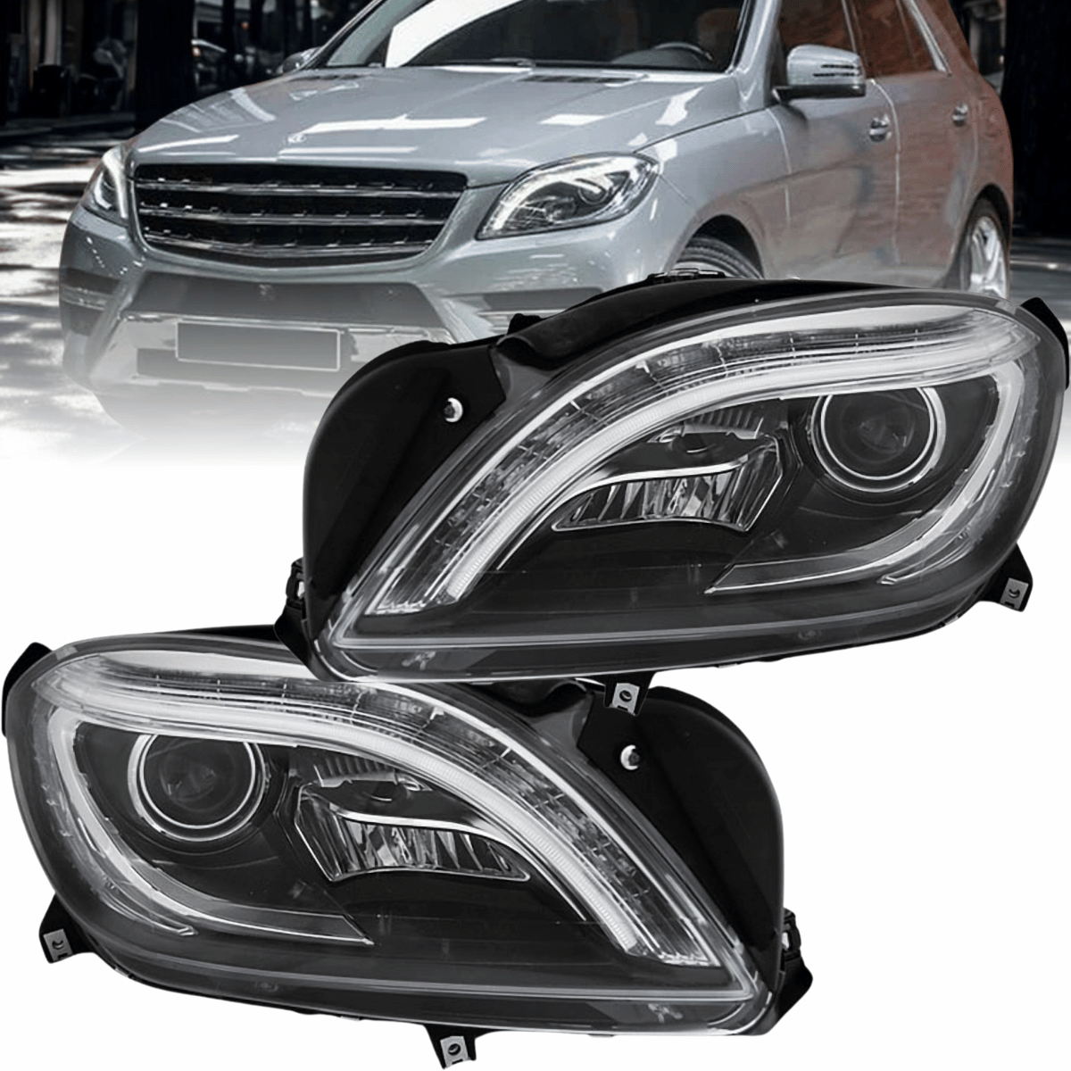 Schwarze LED Scheinwerfer Set für Mercedes M-Klasse W166 2011–2015 mit LED Standlicht