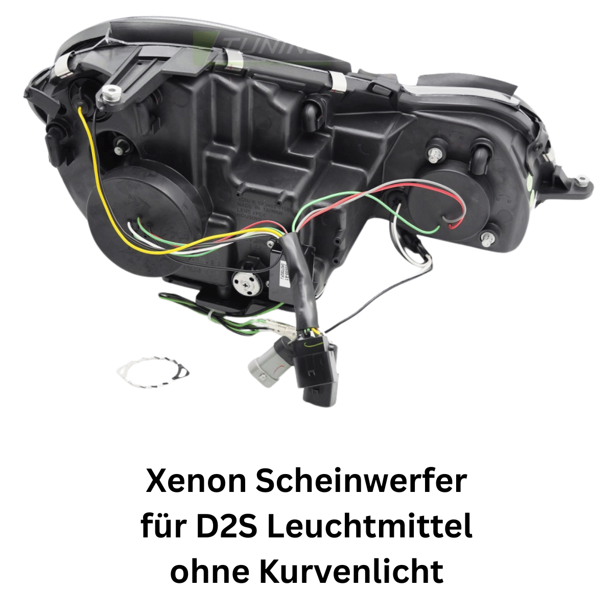 Xenon Scheinwerfer für D2S Leuchtmittel ohne Kurvenlicht, schwarzes Gehäuse mit Kabeln und Anschlüssen