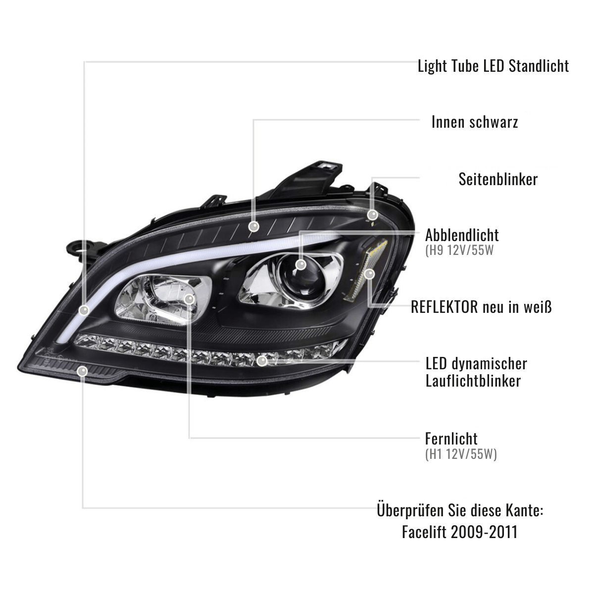 Light Tube Scheinwerfer Set Schwarz dynamischem LED Blinker für Mercedes W164 ML M-Klasse 2009–2011 Facelift