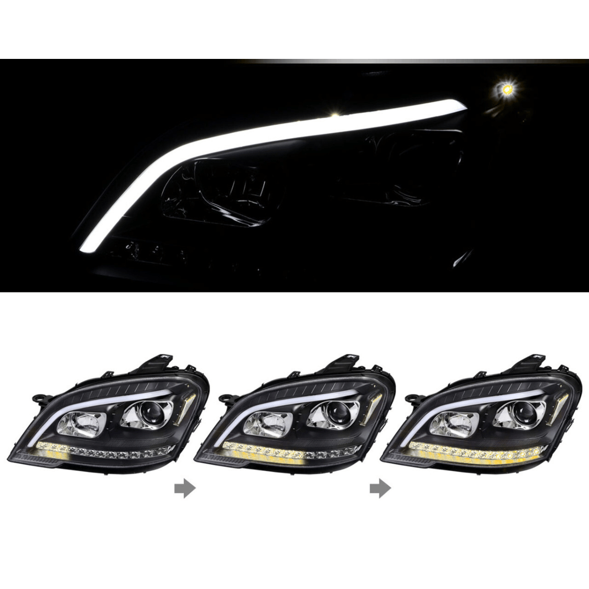 Light Tube Scheinwerfer Set Schwarz dynamischem LED Blinker für Mercedes W164 ML M-Klasse 2009–2011 Facelift