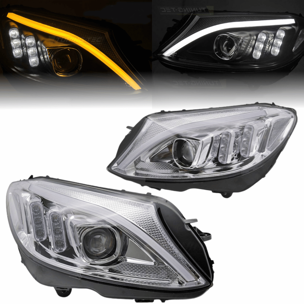 LED Scheinwerfer Set Chrom für Mercedes C-Klasse W205 Limousine & Kombi 2014–2018 mit dynamischen Blinkern & LED Tagfahrlicht