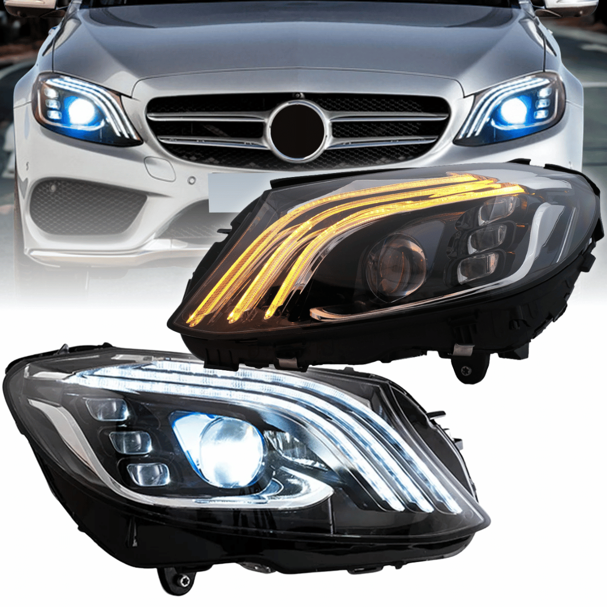 Full LED Scheinwerfer Set Schwarz für Mercedes C-Klasse W205 Limousine & Kombi 2014–2021 mit Dynamischen Blinkern & Welcome Light
