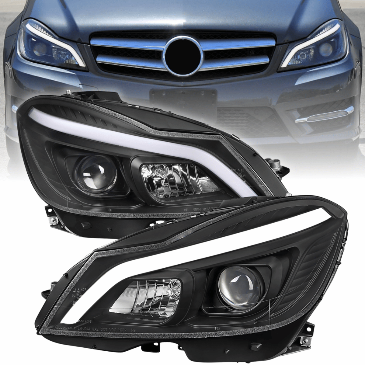 LED Scheinwerfer Set Matt Schwarz für Mercedes C-Klasse W204 2011–2014 mit LED Tagfahrlicht
