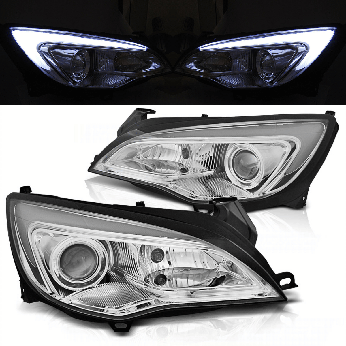 LED LightTube Scheinwerfer Set für Opel Astra J 2010–2015 Chrom mit Tagfahrlicht