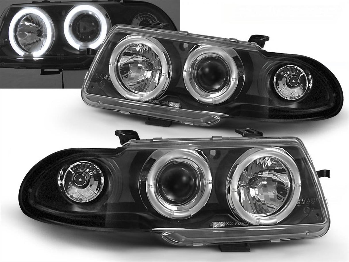 Scheinwerfer für Für Opel Astra F 91-94 LED Angel Eyes Scheinwerfer in schwarz