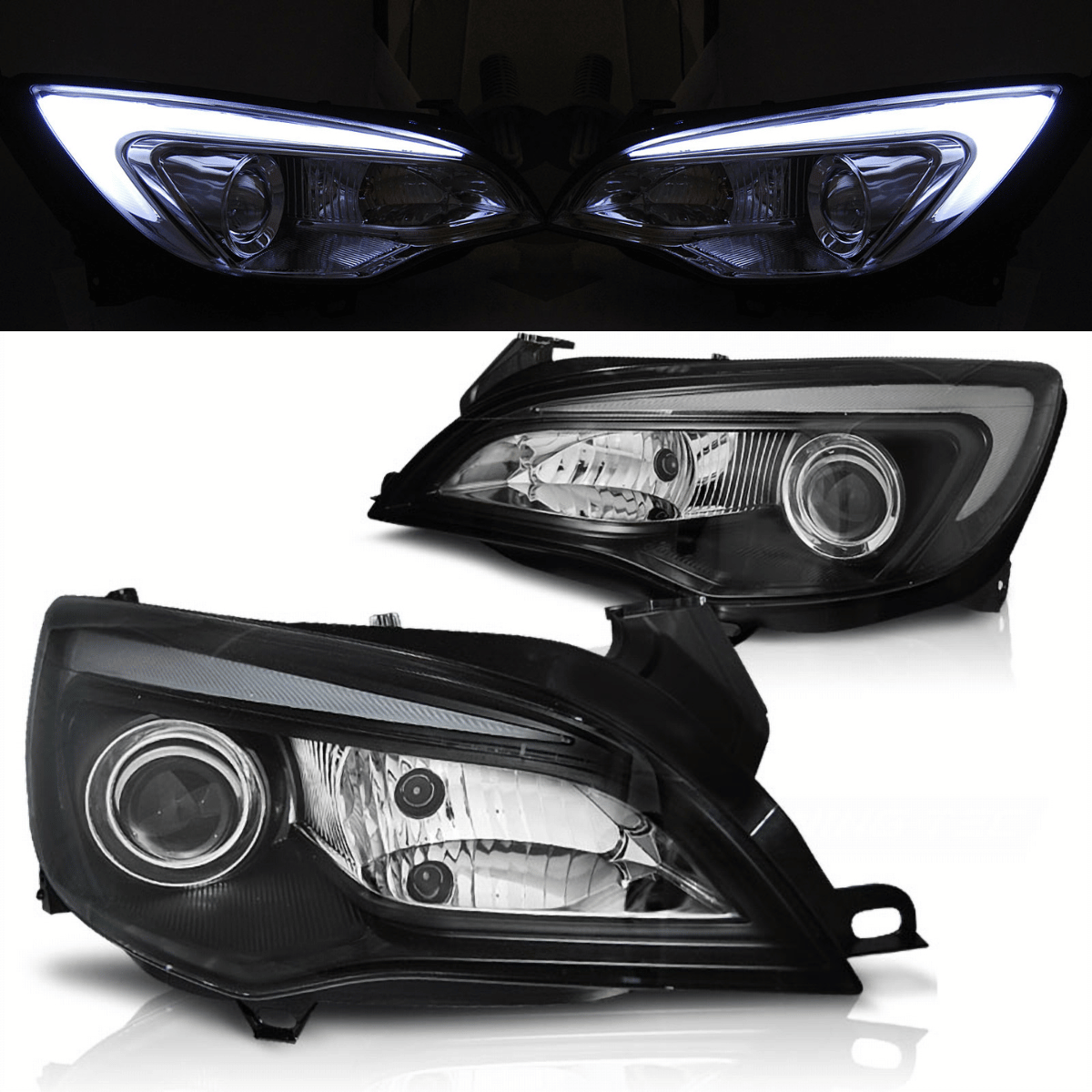 LED LightTube Scheinwerfer Set für Opel Astra J 2010–2015 Schwarz mit Tagfahrlicht