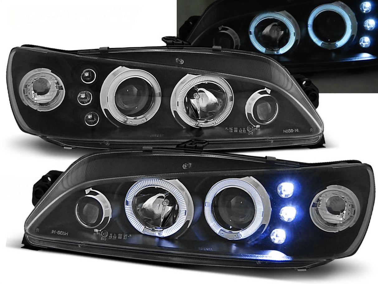 Schwarze LED Angel Eyes Scheinwerfer für Peugeot 306 1997-2001, mit blauen Standlichtringen