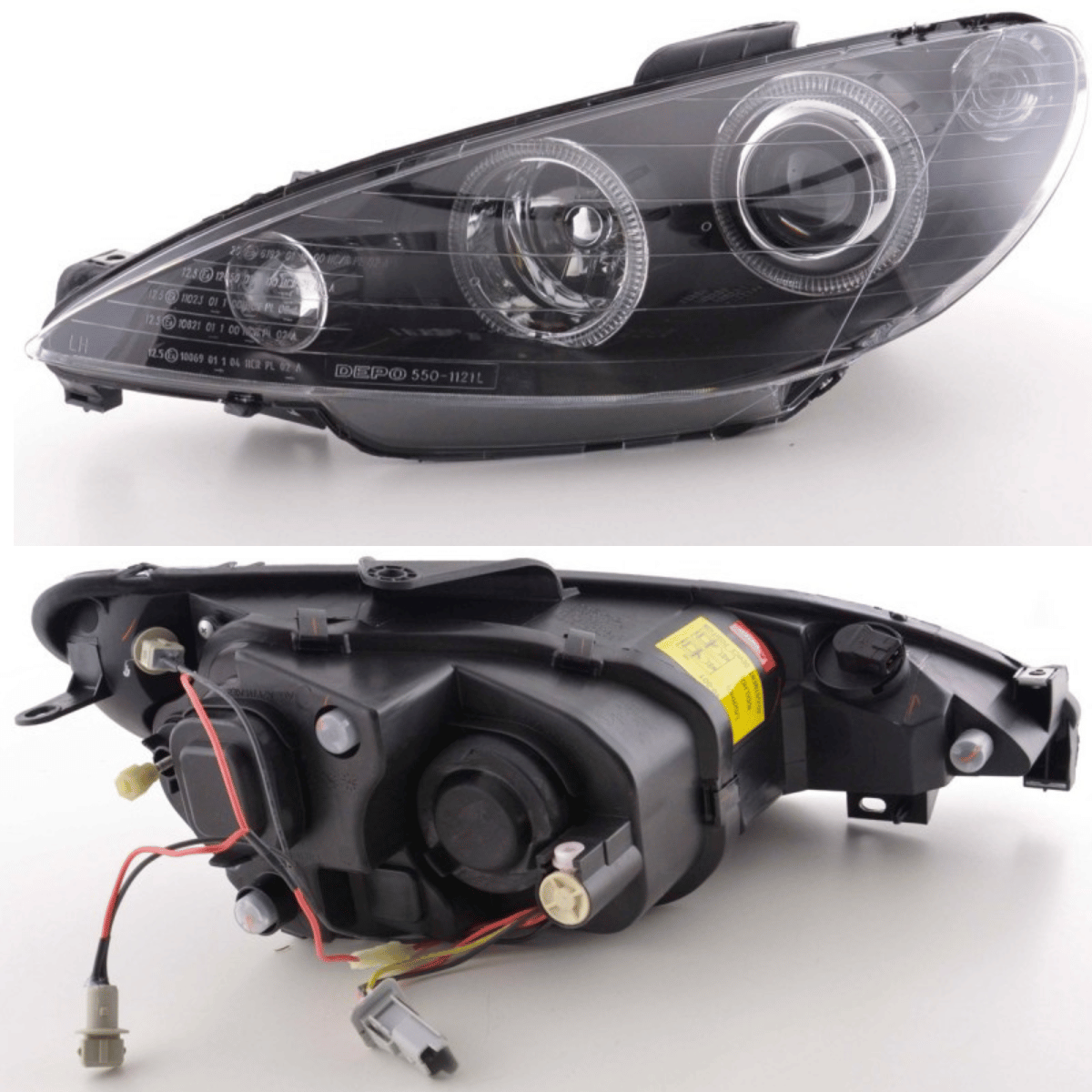 DEPO Scheinwerfer für Peugeot 206 schwarz mit Doppelringoptik und Klarglas, Rückseite mit Anschlüssen
