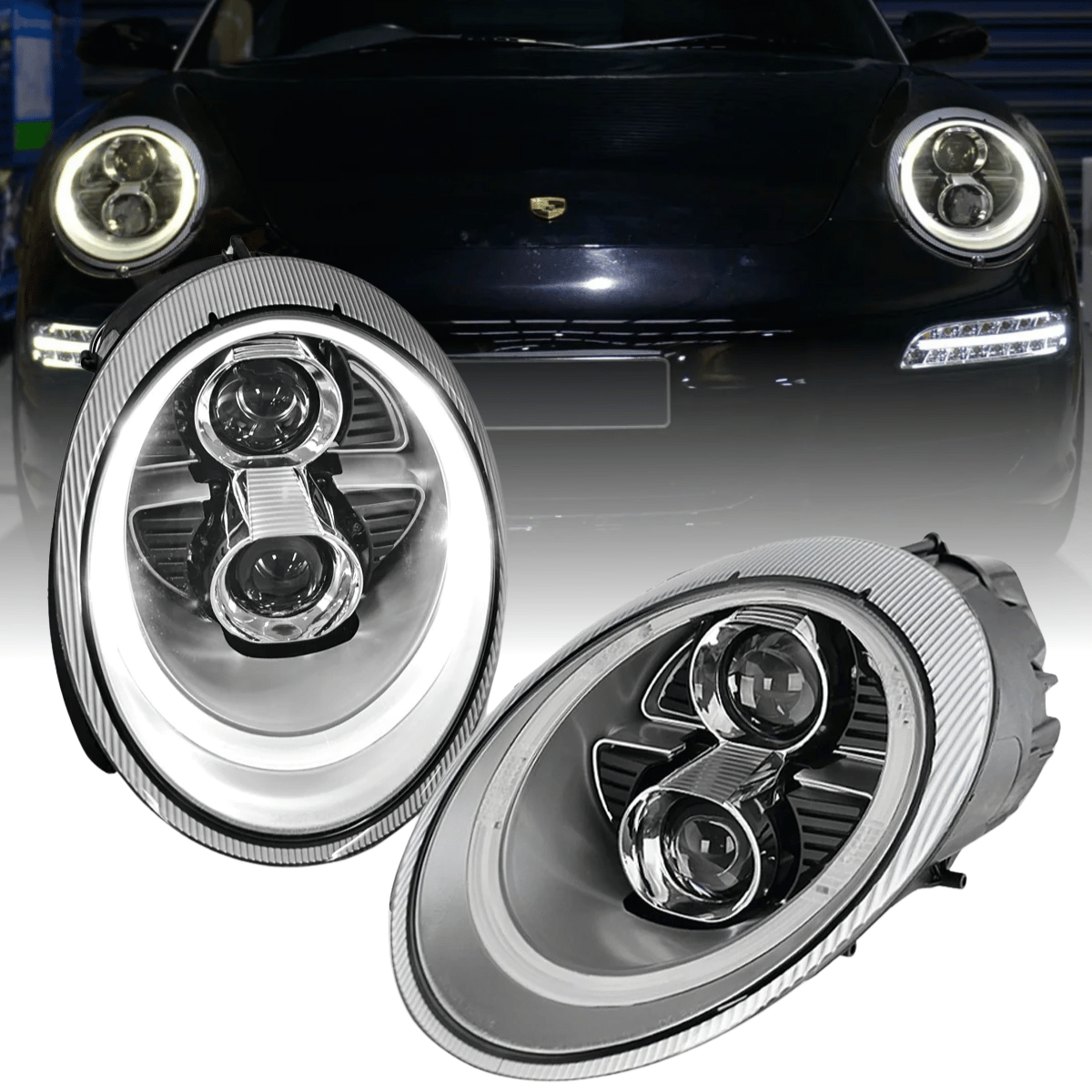 Xenon Lighttube Scheinwerfer Set Silber für Porsche 911 997 2004–2009 mit LED Standlicht