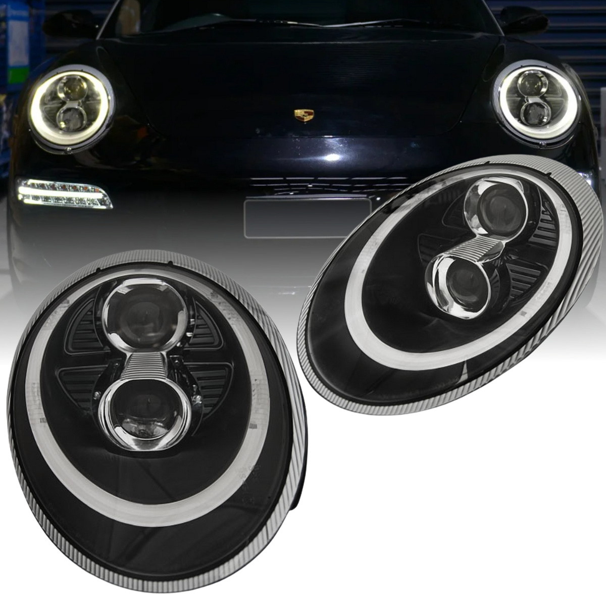 Xenon Lighttube Scheinwerfer Set Schwarz für Porsche 911 997 2004–2009 mit LED Standlicht